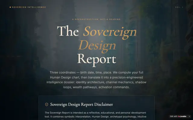 Screenshot of Sovereign Design Report — Human Design Intelligence Dossier