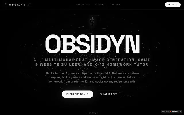 Screenshot of OBSIDYN AI — Multimodal AI for chat, images, games & homework