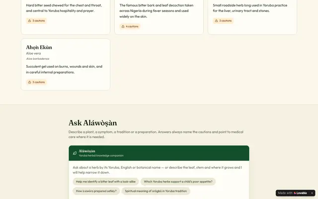 Screenshot of Aláwòṣàn — Yoruba Herbal Identification & Healing Guide