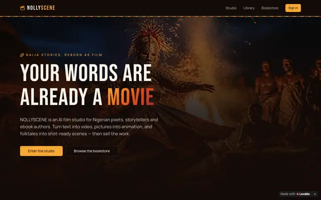 Screenshot of NOLLYSCENE — Turn Nigerian Stories Into AI Film Scenes