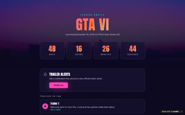 Screenshot of GTA 6 Countdown — Days Until Vice City Returns