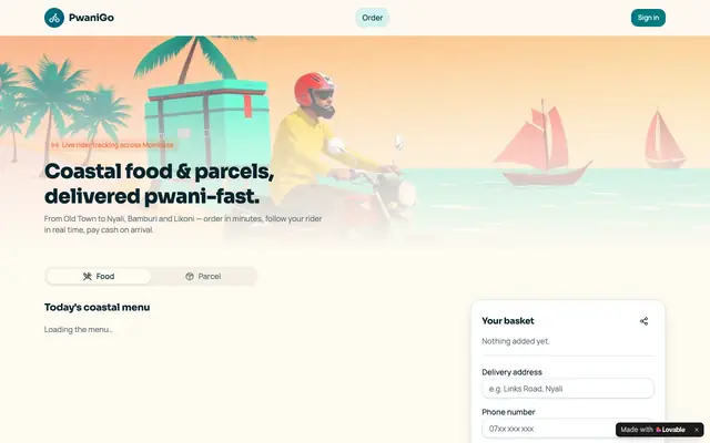 Screenshot of PwaniGo — Real-time Food & Parcel Delivery in Mombasa