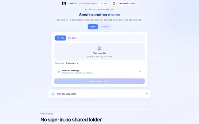 Screenshot of USend · Secure device-to-device transfers