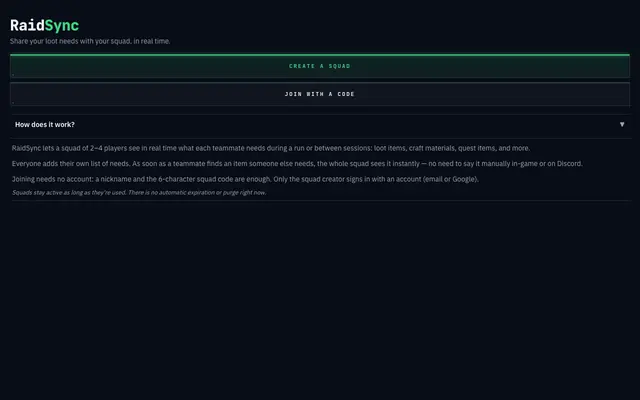 Screenshot of RaidSync — Share Your Squad's Loot Needs in Real Time