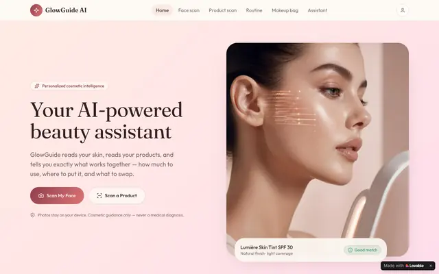 Screenshot of GlowGuide AI — Your AI-powered beauty assistant