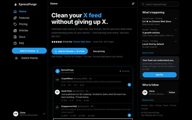 Screenshot of XpressPurge — Clean your X feed without giving up X
