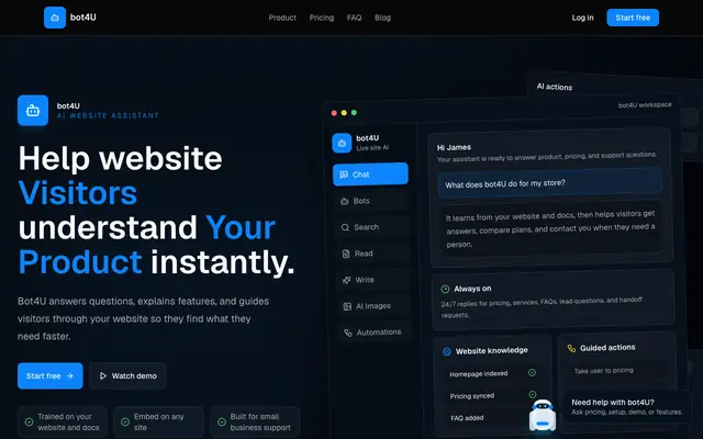 Screenshot of bot4U - AI Website Assistant for Small Businesses