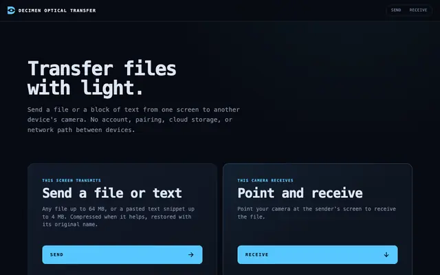 Screenshot of Decimen Optical Transfer — transfer files with light