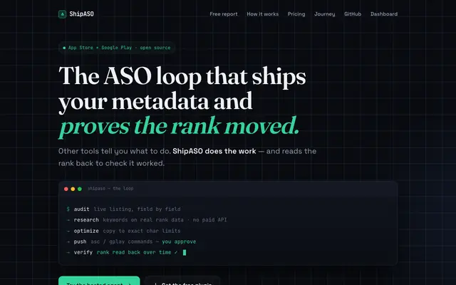 Screenshot of ShipASO — the ASO loop that ships your metadata and proves the rank moved