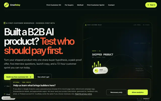 Screenshot of CruxRelay — First Customer Kit for B2B AI builders
