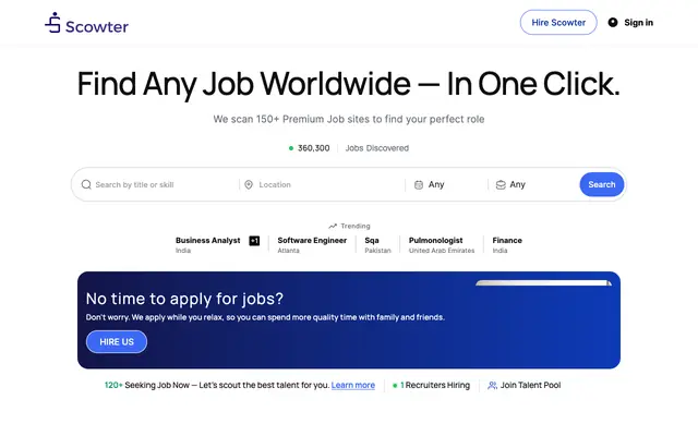 Screenshot of Discover Jobs from 150+ Sites | We Handle Your Job Hunt, You Relax — Scowter