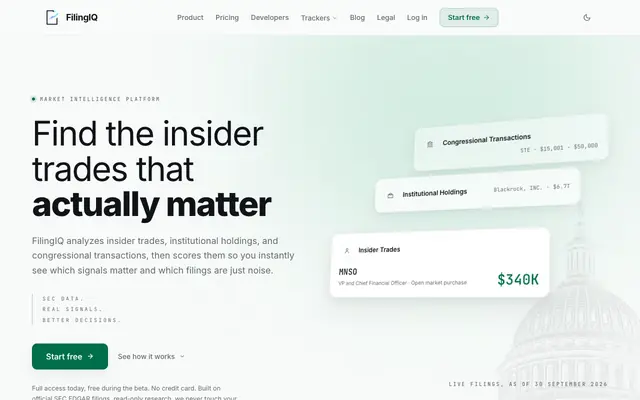 Screenshot of Find the Insider Trades That Actually Matter | FilingIQ
