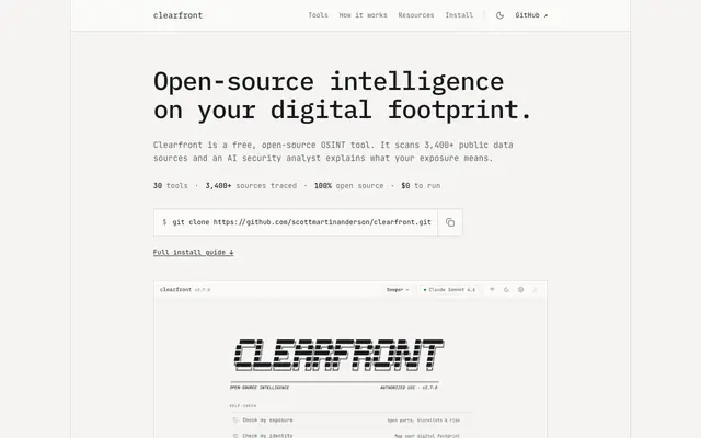 Screenshot of Clearfront OSINT · Open-source intelligence on your digital footprint