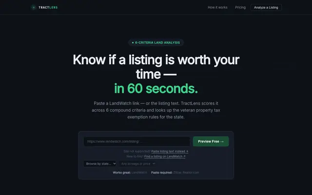 Screenshot of TractLens — Land Analysis for Serious Buyers