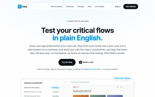Screenshot of Klyk | AI end-to-end testing in plain English