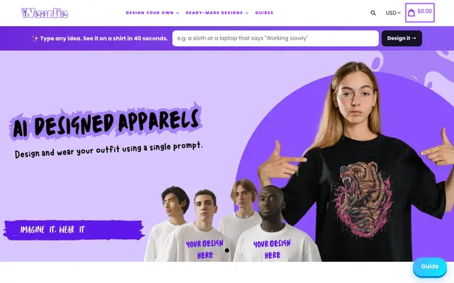 Screenshot of Custom AI-Generated Apparel with Fast Shipping | Wearlie