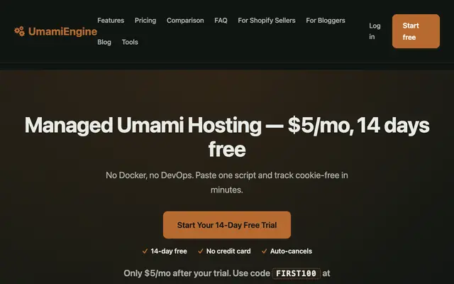 Screenshot of Managed Umami Analytics Hosting | Hosted Umami Analytics for $5/month