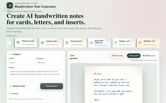 Screenshot of Handwritten Note Generator | Hand Written & Text to Handwriting