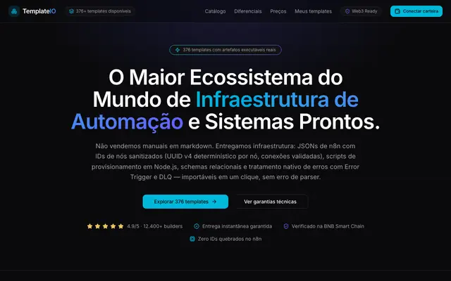 Screenshot of TemplateIO — 376 Templates de Automação n8n, Notion e Airtable