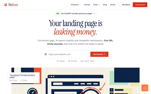 Screenshot of FixRoast - The Complete AI-Powered Landing Page Optimization Platform