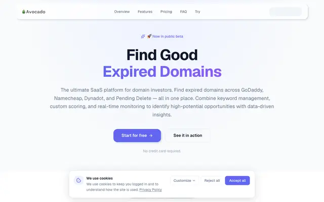 Screenshot of Avocado Domains — Expired Domain Hub