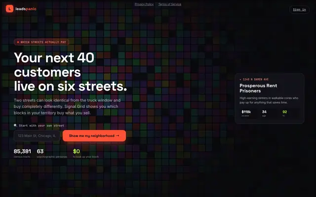 Screenshot of Leadspanic — Geo-demographic Marketing Intelligence