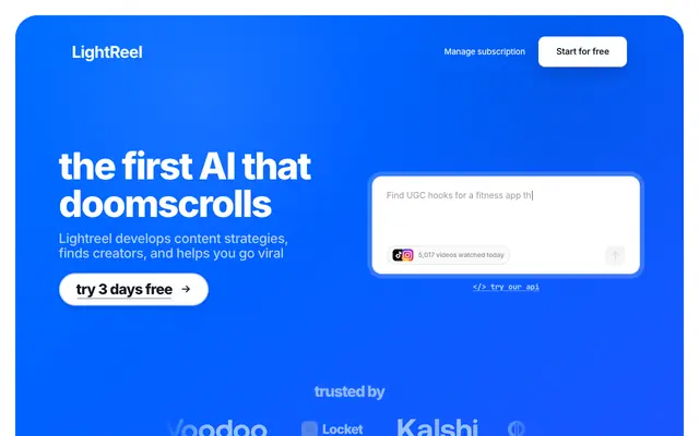Screenshot of LightReel: Your AI UGC Marketing Researcher