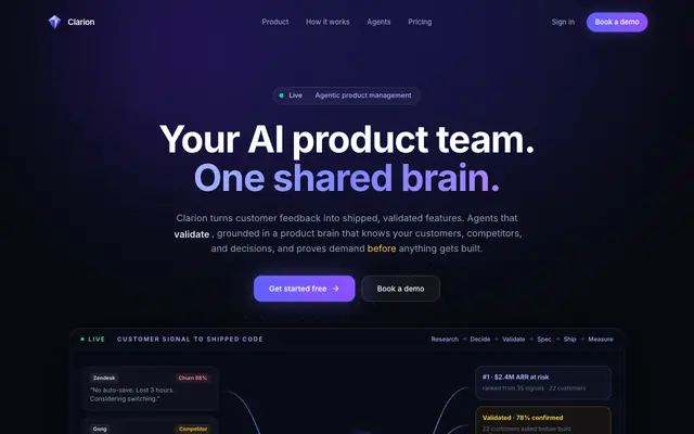 Screenshot of Clarion · Your AI product team. One shared brain.