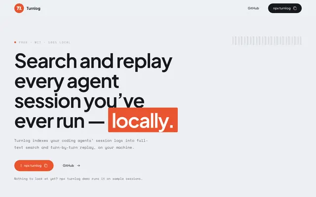 Screenshot of Turnlog — search and replay every agent session, locally