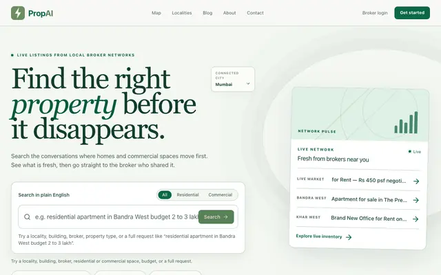 Screenshot of PropAI — Find Property Through Verified Brokers