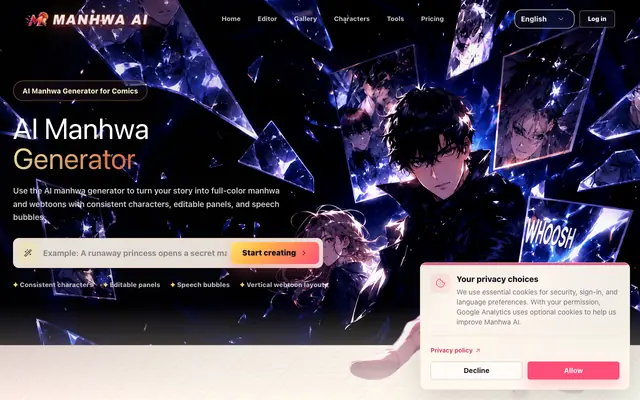 Screenshot of AI Manhwa Generator - Create Korean Comics with AI | ManhwaAI