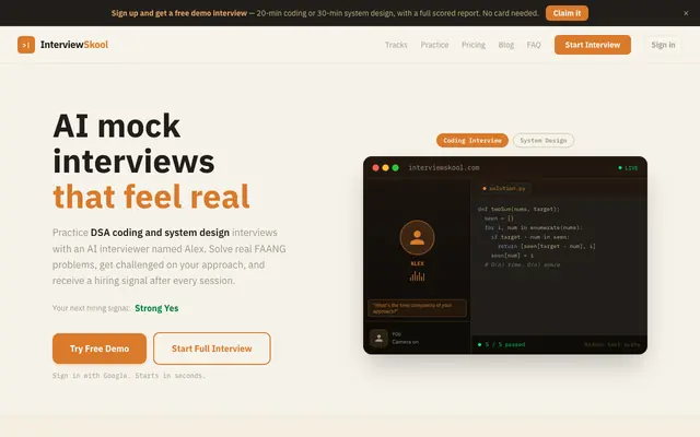 Screenshot of InterviewSkool — AI Mock Coding & System Design Interviews for FAANG