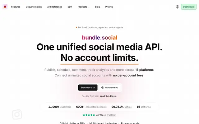 Screenshot of bundle.social - Unified social media API built for developers