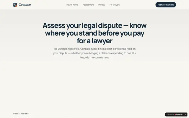 Screenshot of Concaso — Find Out If Your Legal Claim Is Worth Pursuing