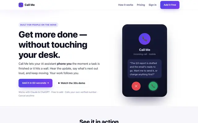 Screenshot of Call Me — your AI assistant calls you when the work's done