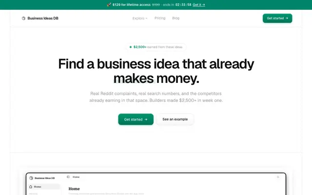 Screenshot of Business Ideas Database | Validated Startup & Side Hustle Ideas from Reddit · Bu