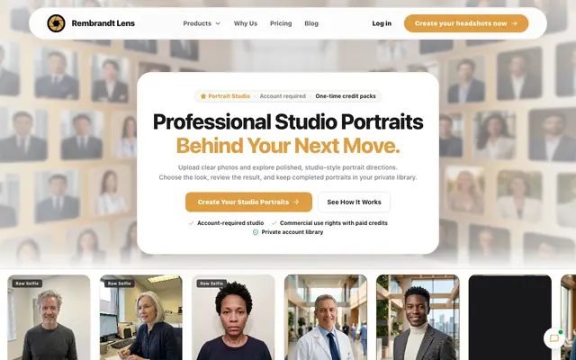 Screenshot of Rembrandt Lens — AI Headshot Generator | Professional Photos in Seconds