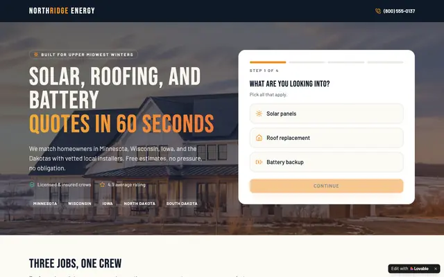 Screenshot of Solar, Roofing & Battery Quotes | Upper Midwest