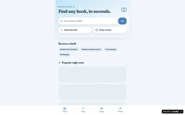 Screenshot of BookFinder AI — Scan, identify and save any book