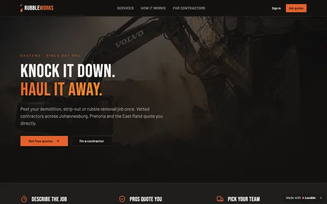Screenshot of RubbleWorks — Demolition & Rubble Removal Quotes in Gauteng