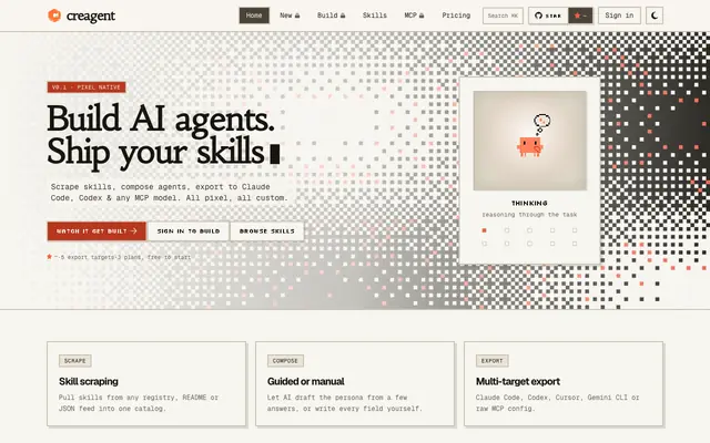 Screenshot of creagent — build AI agents, ship your skills