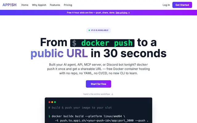 Screenshot of Free Docker Container Hosting for Demos | APPISH