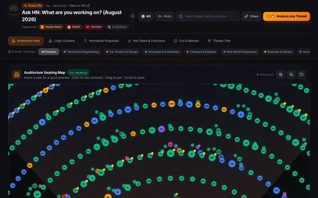 Screenshot of HN Discussion Visualizer & Auditorium | Show HN: Elevators (item 49124218)