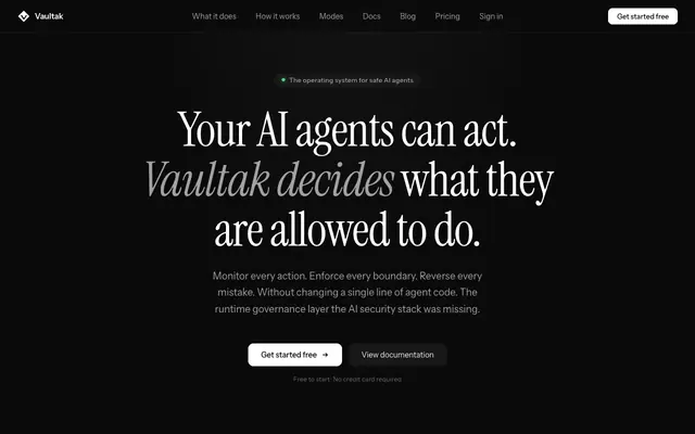 Screenshot of Vaultak, AI Agent Security