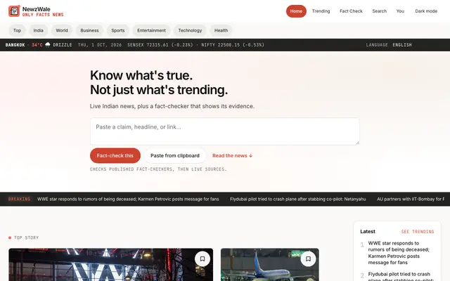 Screenshot of Latest News Today, Breaking India News & AI Fact Check Portal | NewzWale