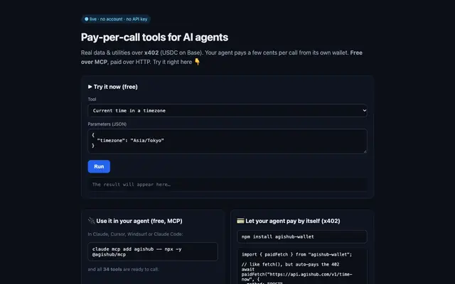 Screenshot of Try AgisHub · pay-per-call tools for AI agents