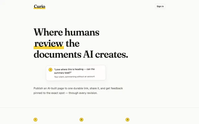 Screenshot of Curio — Where humans review the documents AI creates