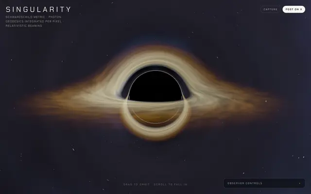 Screenshot of Singularity — a black hole raytraced in your browser