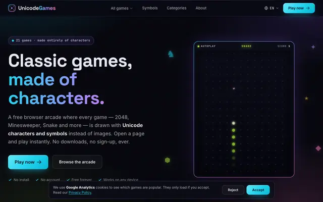Screenshot of UnicodeGames — Free Browser Games Made of Characters