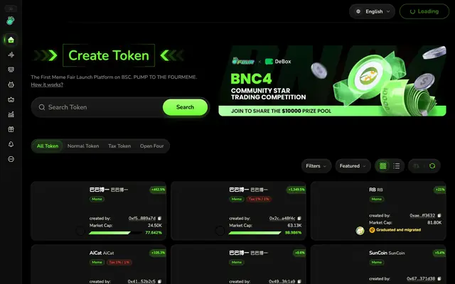 Screenshot of Four.meme: Best Memecoin Launchpad on BNB Chain | Create & Launch Tokens